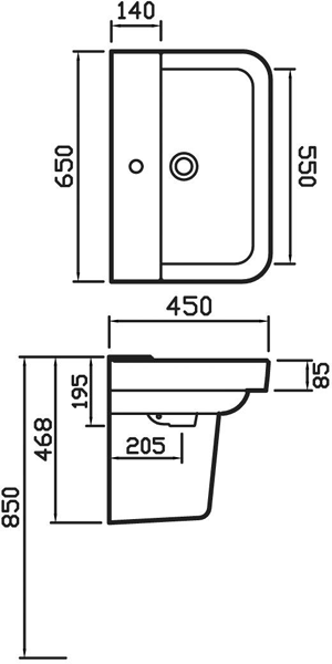 Technical image of Hudson Reed Ceramics Basin & Semi Pedestal (1 Tap Hole, 650mm).
