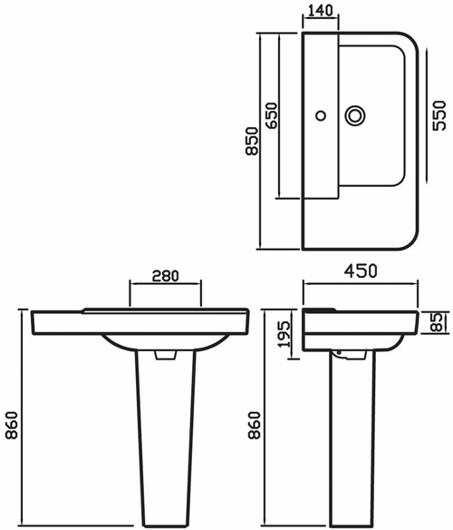 Technical image of Hudson Reed Ceramics Basin & Full Pedestal (1 Tap Hole, 850mm).