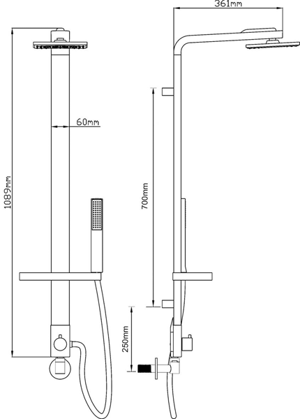 Technical image of Ultra Volt Volt Triple Thermostatic Shower Valve, Shower Kit & Body Jets.