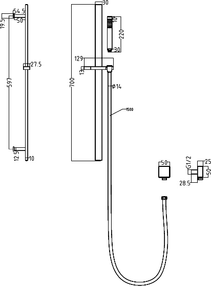 Technical image of Ultra Volt Volt Thermostatic Shower Valve With Head, Slide Rail & Jets.