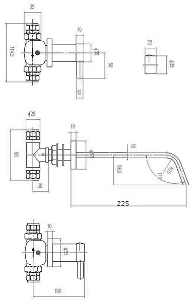 Technical image of Hudson Reed Clio Wall Mounted Basin Mixer & Bath Filler Tap Set (Chrome).