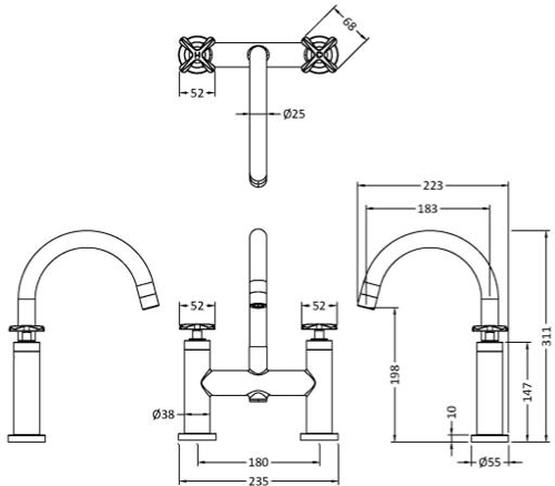 Technical image of Nuie Aztec Bath Filler Tap (Brushed Brass).