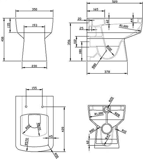 Technical image of Hudson Reed Ceramics Square Back To Wall Toilet Pan With Top Fix Seat.