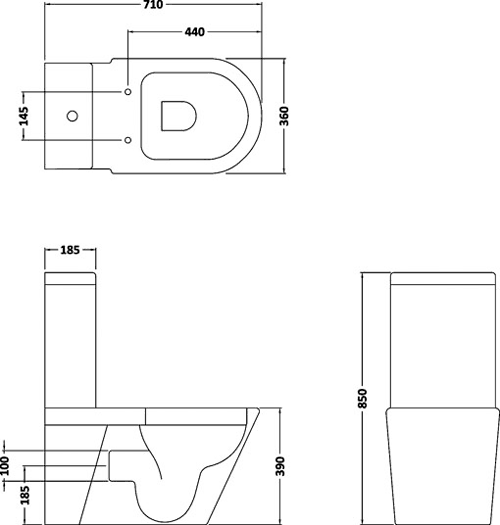 Technical image of Hudson Reed Ceramics Curved Toilet With Dual Push Flush & Top Fix Seat.