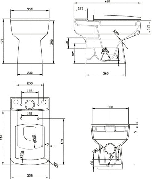Technical image of Hudson Reed Ceramics Square Toilet With Dual Push Flush & Top Fix Seat.