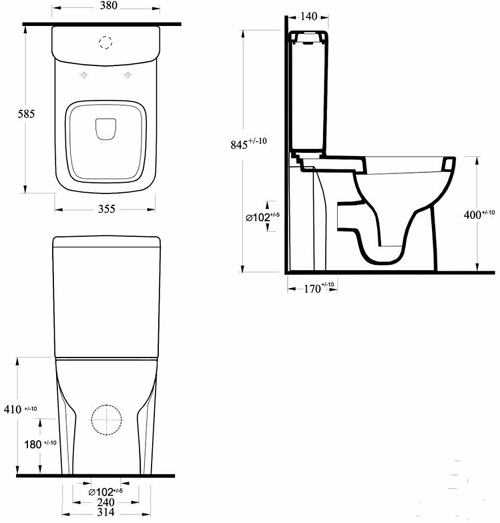 Technical image of Ultra Hobart Short Projection Toilet Pan With Cistern, Push Flush & Seat.