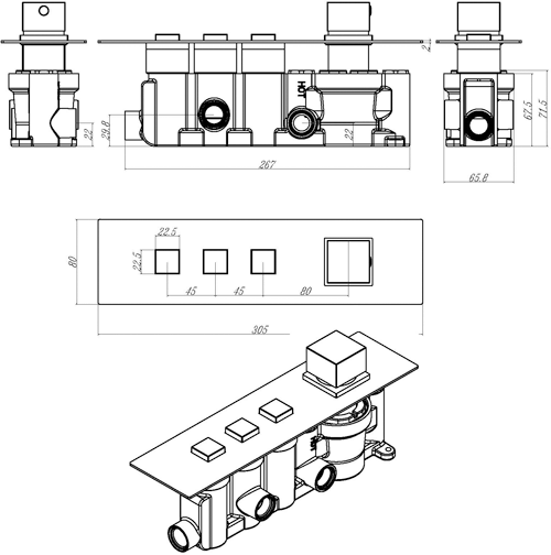 Technical image of hudson Reed Ignite Push Button Shower Valve With Square Handle (3 Outlets).
