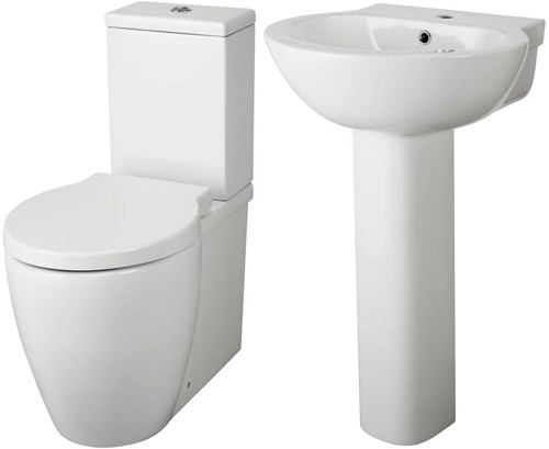 Larger image of Premier Ceramics Flush To Wall Toilet With Seat, Basin & Full Pedestal.