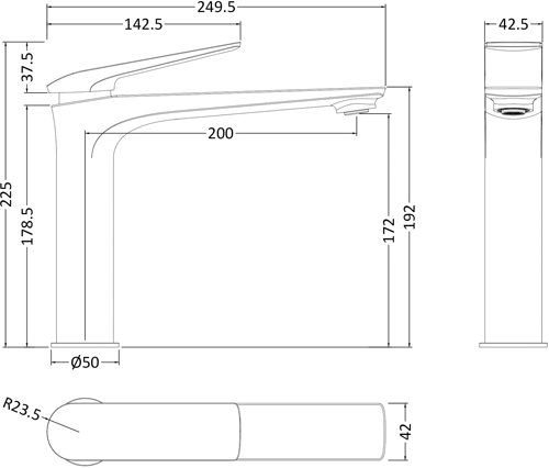 Technical image of HR Drift Tall Basin Mixer Tap With Push Button Waste (Chrome).