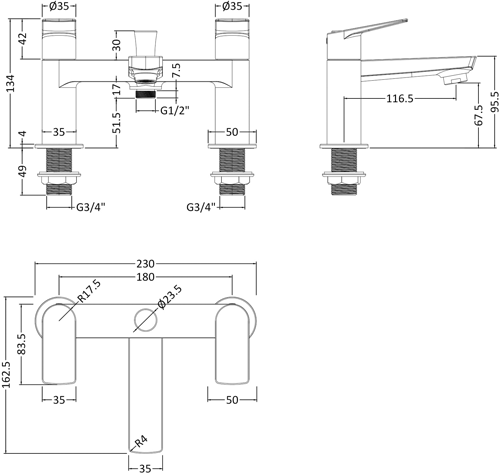 Technical image of HR Drift Tall Basin & Bath Shower Mixer Tap Pack (Chrome).