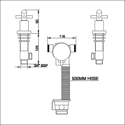 Technical image of Ultra Scope Freeflow bath filler with pop up waste and overflow.