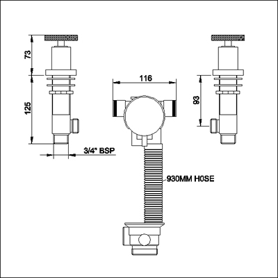 Technical image of Ultra Reno Freeflow bath filler with pop up waste and overflow.