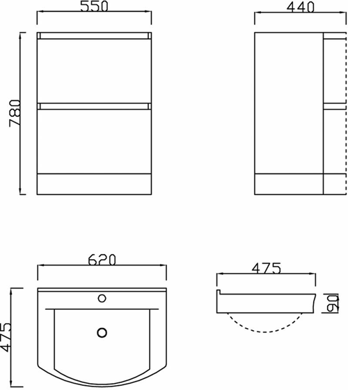 Technical image of Hudson Reed Canopy 600 Vanity Unit With Basin & Drawers (White).