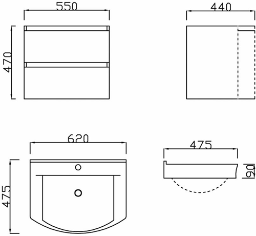 Technical image of Hudson Reed Canopy 600 Wall Hung Vanity Unit With Basin & Drawers (White).