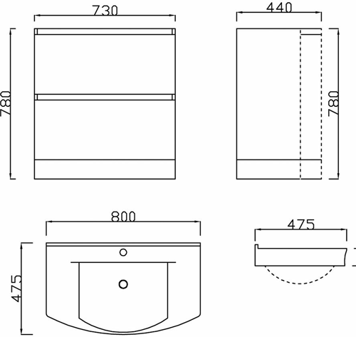 Technical image of Hudson Reed Canopy 800 Vanity Unit With Basin & Drawers (White).