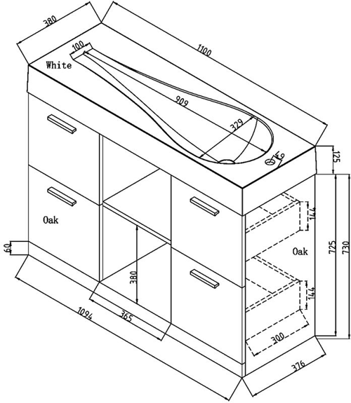 Technical image of Hudson Reed Chalice Floor Standing Vanity Unit With Drawers (Oak).