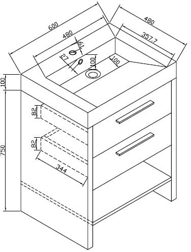 Technical image of Hudson Reed Dunbar Vanity Unit With Drawers & Basin (Textured Oak).