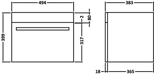 Technical image of Ultra Design Compact Wall Hung Vanity Unit & Basin (Black). 494x399mm.