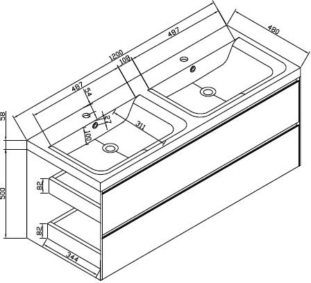 Technical image of Hudson Reed Erin Wall Mounted Vanity Unit With Double Basin (Text Oak).