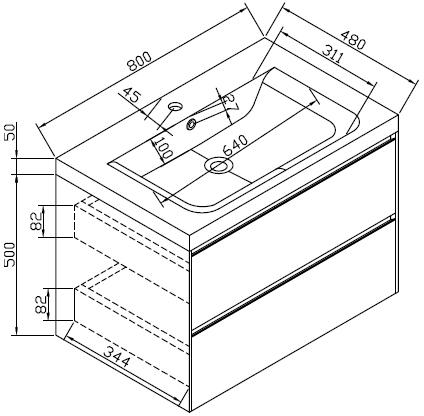 Technical image of Hudson Reed Erin Wall Mounted Vanity Pack With Basin (Light Oak).