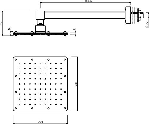 Technical image of Component Square Shower Head & Wall Mounting Arm. 200x200mm.