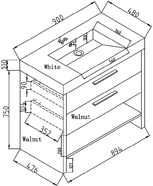 Technical image of Ultra Harbour Vanity Unit With Basin (Walnut). 600Wx490Hmm.