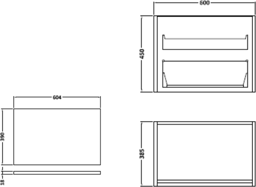 Technical image of Hudson Reed Horizon 600mm Wall Hung Vanity Unit & Basin (White Oak).