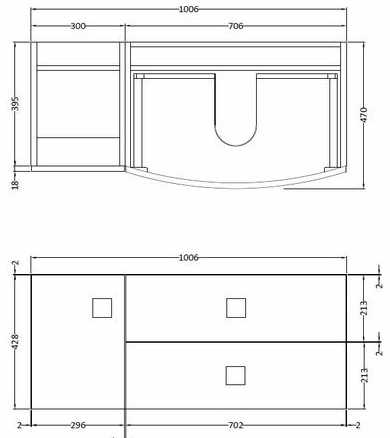 Technical image of HR Sarenna Wall Hung 1000mm Cabinet & Basin RH (White).