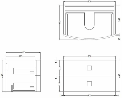 Technical image of HR Sarenna Wall Hung Vanity Unit With 2 Drawers (700mm, Cashmere).