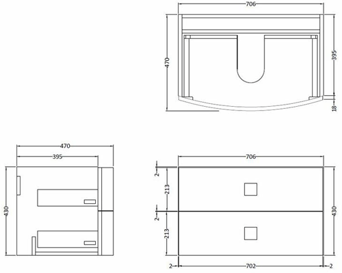 Technical image of HR Sarenna Wall Hung Vanity Unit With 2 Drawers (700mm, Graphite).