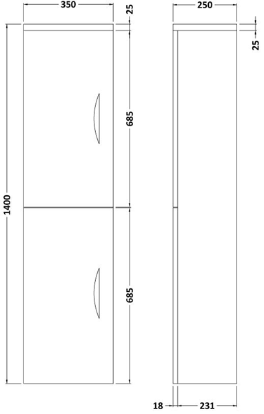 Technical image of Hudson Reed Memoir 350mm Tall Wall Hung Cupboard Unit (Walnut).