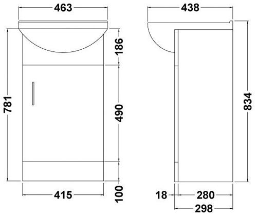 Technical image of Nuie Marvel 450mm Vanity Unit With Mirror & Ceramic Basin (White).