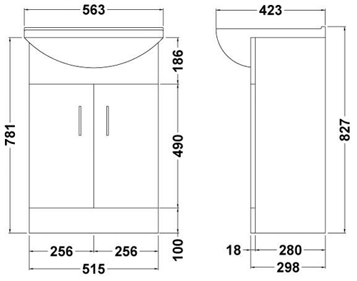 Technical image of Nuie Marvel 550mm Vanity Unit With Ceramic Basin (White).