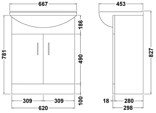 Technical image of Nuie Marvel 650mm Vanity Unit With Ceramic Basin (White).