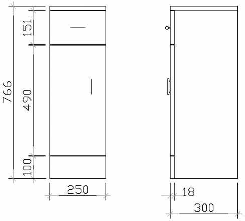 Technical image of Ultra Beaufort Bathroom Cabinet With Drawer. 250x300x766mm (White).