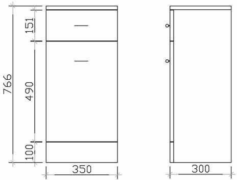 Technical image of Ultra Beaufort Laundry Basket Cabinet. 350x300x766mm (White).