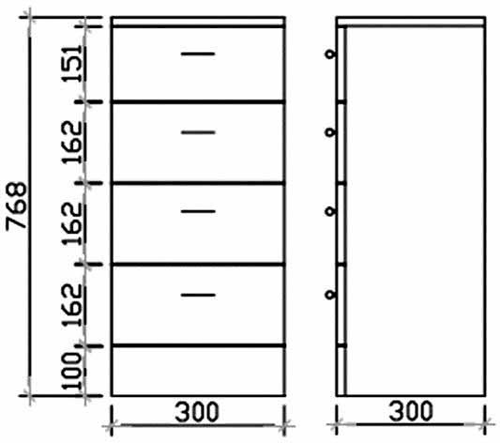 Technical image of Ultra Beaufort Bathroom Cabinet With 4 x Drawers. 300x300x768mm (White).