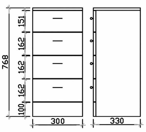 Technical image of Ultra Beaufort Bathroom Cabinet With 4 x Drawers. 300x330x768mm (White).