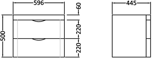 Technical image of Nuie Parade 600mm Vanity Unit Suite With BTW Unit, Pan & Seat (White).