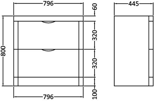 Technical image of Nuie Parade Vanity Unit With Curved Corners, Drawers & Basin 800x800.