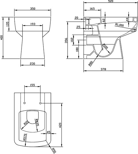 Technical image of Nuie Parade 800mm Vanity Unit Suite With BTW Unit, Pan & Seat (White).