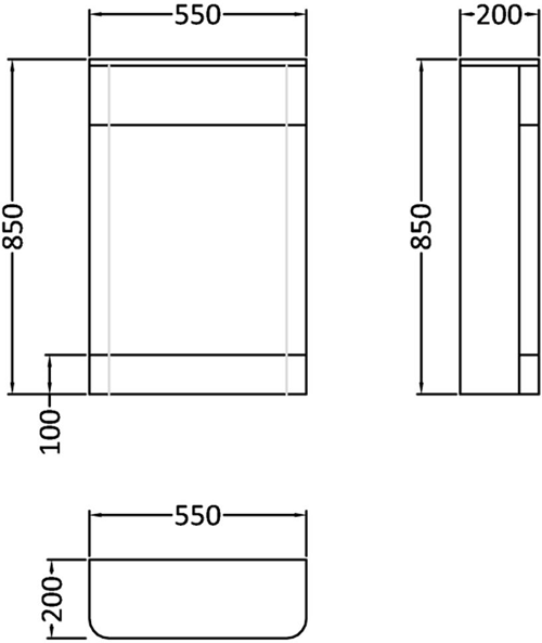 Technical image of Nuie Parade Back To Wall WC Unit With Curved Corners (White). 550x850.