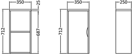 Technical image of Nuie Parade Wall Mounted Bathroom Storage Cabinet 350x712mm.