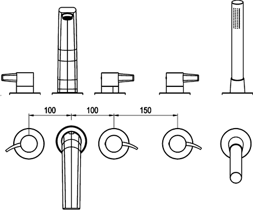 Technical image of Hudson Reed Grace 5 Tap Hole Bath Shower Mixer Tap With Shower Kit (Chrome).