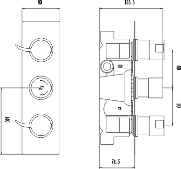 Technical image of Hudson Reed Grace Triple Concealed Thermostatic Shower Valve (Chrome).