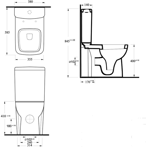Technical image of Hudson Reed Ceramics 4 Piece Bathroom Suite With Toilet & Wall Hung Basin.