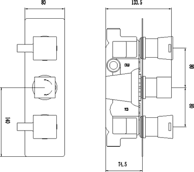 Technical image of Hudson Reed Harmony Triple Concealed Thermostatic Shower Valve.