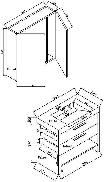 Technical image of Ultra Harbour Complete Bathroom Furniture Pack With Volt Tap (Walnut).