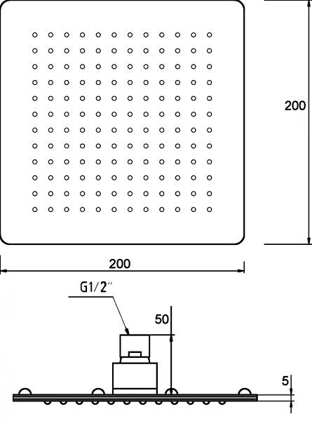 Technical image of Component Square Shower Head (Chrome). 200x200mm. 5mm Thick.