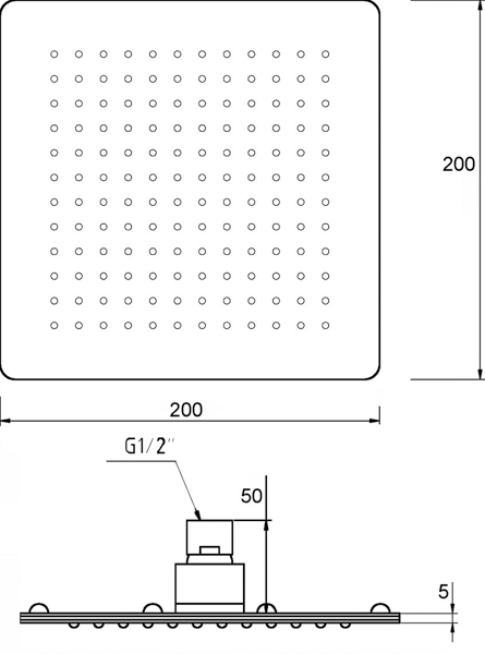 Technical image of Component Square Shower Head With Arm (200x200mm, Chrome).